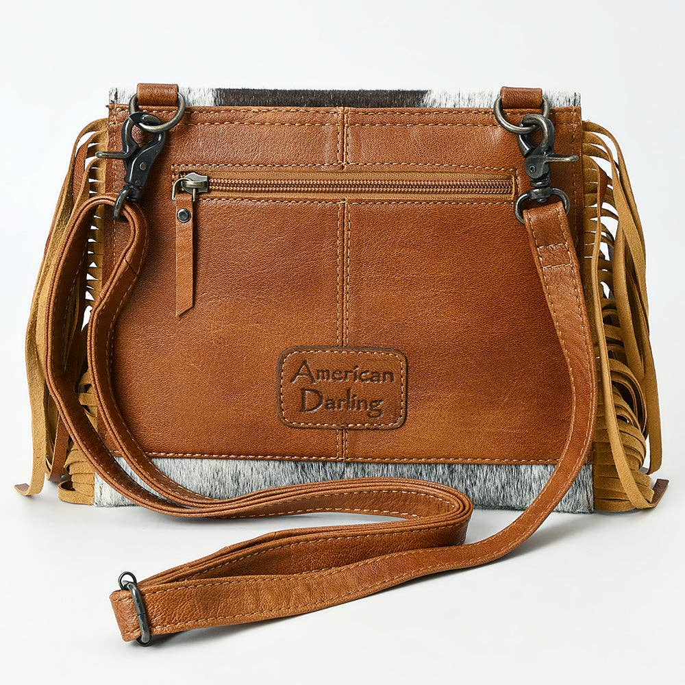 ADBG1589 American Darling Hair-On Cowhide Western Leather Wristlet Bag with Tooled Floral Detailing & Fringe