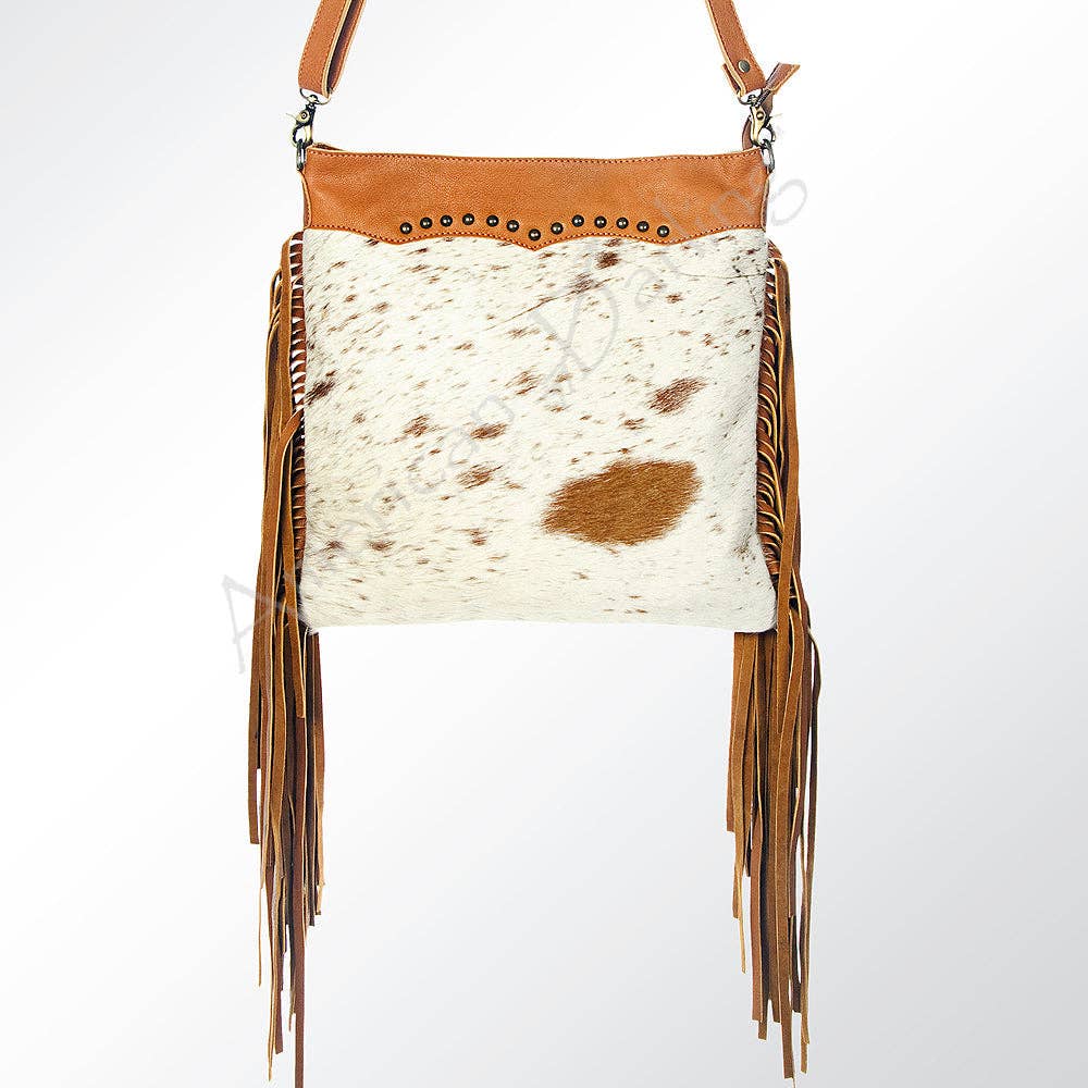 LC-ADBGZ161 Cowhide & Tooled Leather Crossbody Bag with Fringe - Western Style