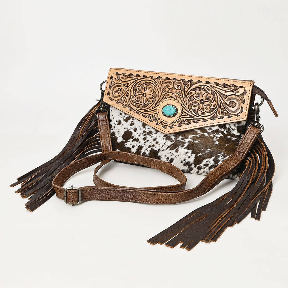 ADBG1484 American Darling Cowhide Hand-Tooled Envelop Bag | Fringe Crossbody Purse