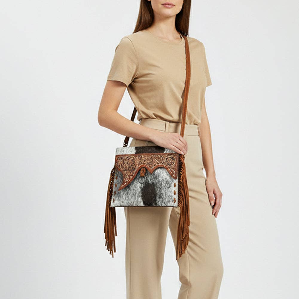 ADBG1589 American Darling Hair-On Cowhide Western Leather Wristlet Bag with Tooled Floral Detailing & Fringe