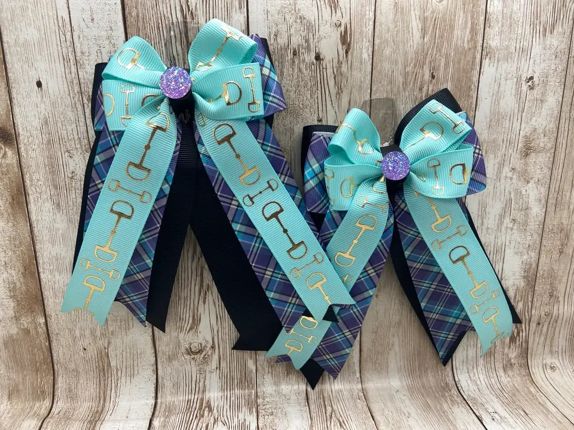 Horse Show Bows - Aqua Bits with Purple Plaid on Black