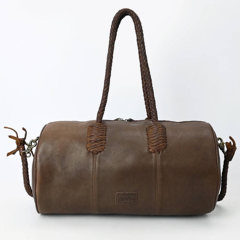 ADBGM356 Western Barrel Duffel Bag in Brown Leather with Turquoise Concho & Fringe - Handmade Travel Tote