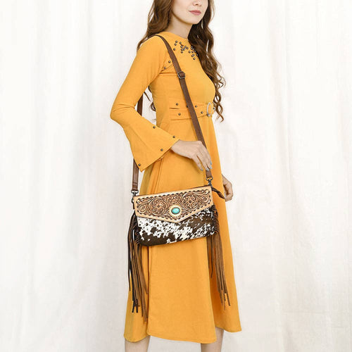 ADBG1484 American Darling Cowhide Hand-Tooled Envelop Bag | Fringe Crossbody Purse