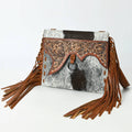 ADBG1589 American Darling Hair-On Cowhide Western Leather Wristlet Bag with Tooled Floral Detailing & Fringe