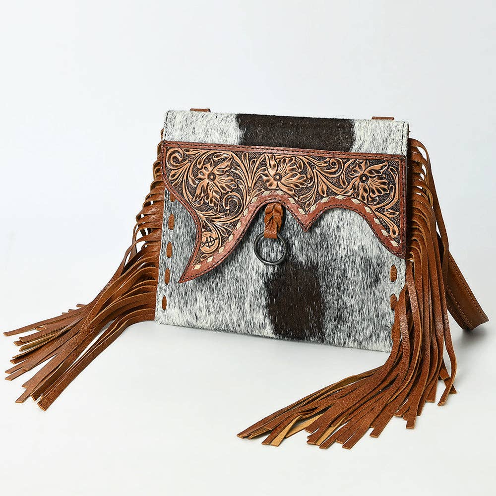 ADBG1589 American Darling Hair-On Cowhide Western Leather Wristlet Bag with Tooled Floral Detailing & Fringe