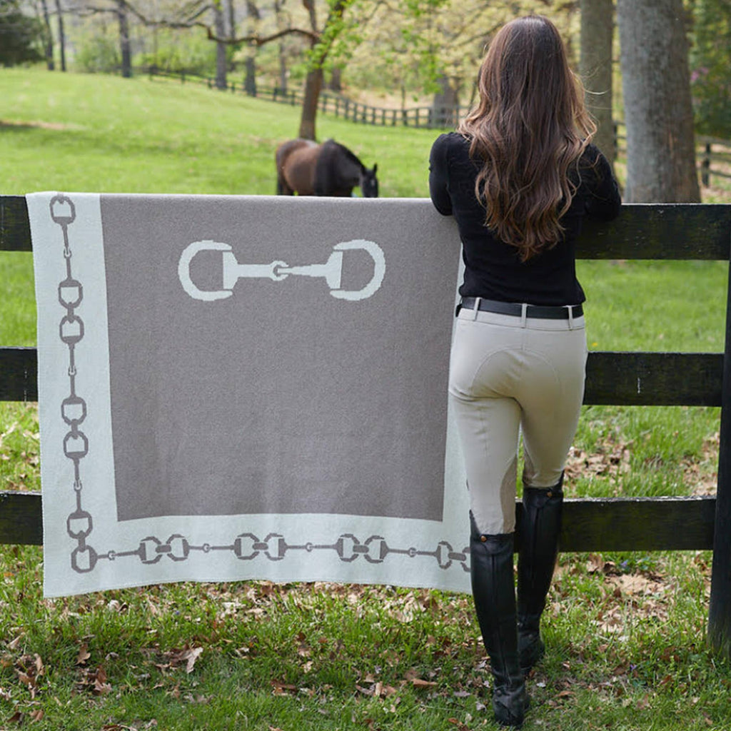 Cotton Sustainable Knit Throw Blanket - Equestrian Snaffle Bit Border