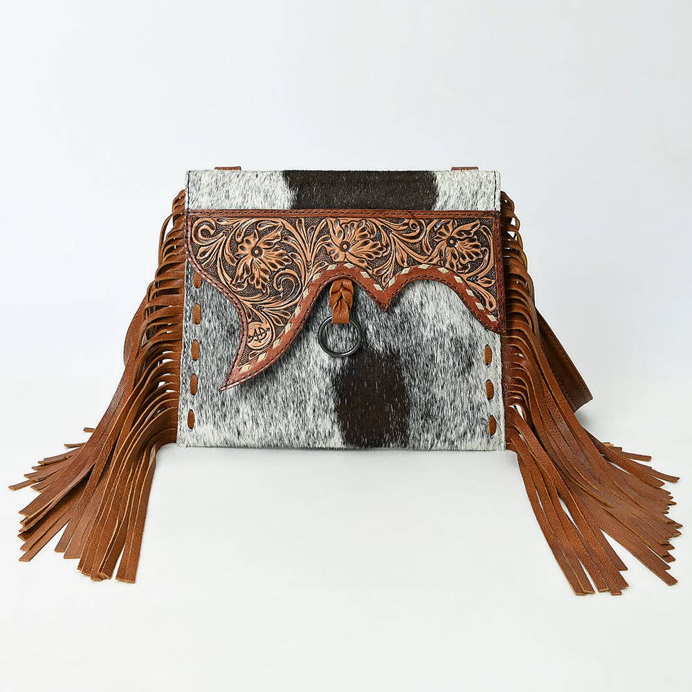 ADBG1589 American Darling Hair-On Cowhide Western Leather Wristlet Bag with Tooled Floral Detailing & Fringe