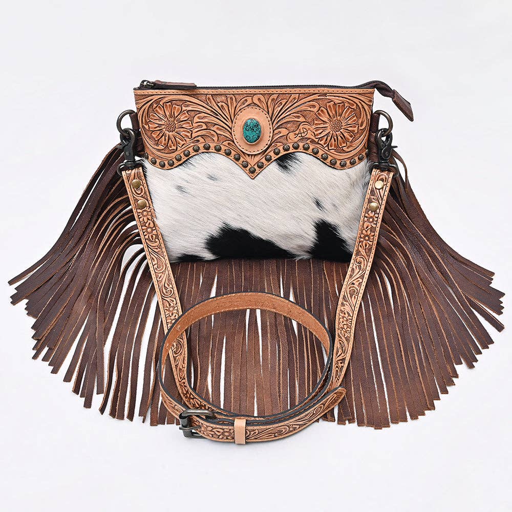 ADBG1829 American Darling Hand Tooled Floral & Cowhide Cross body Bag with Western Fringes