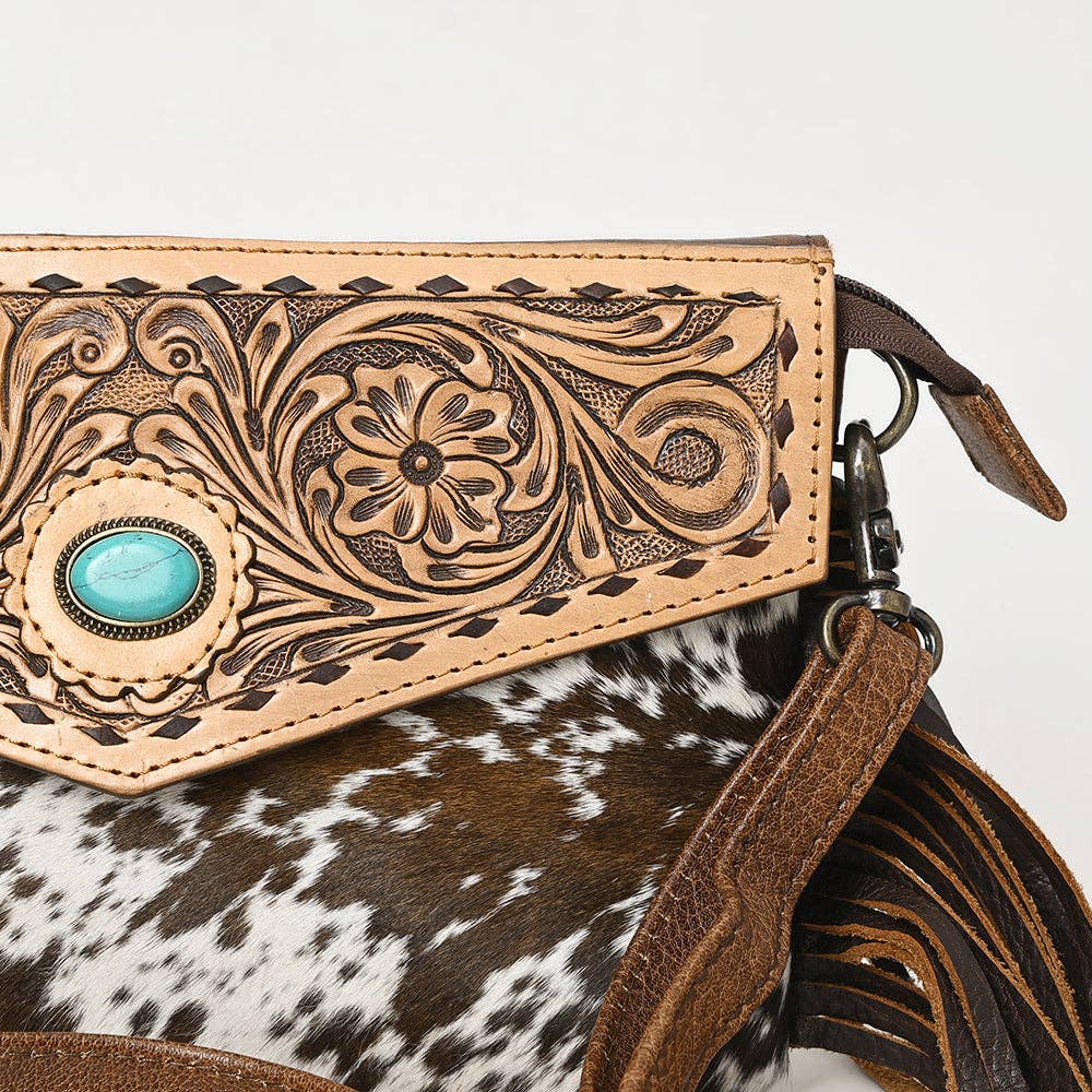 ADBG1484 American Darling Cowhide Hand-Tooled Envelop Bag | Fringe Crossbody Purse