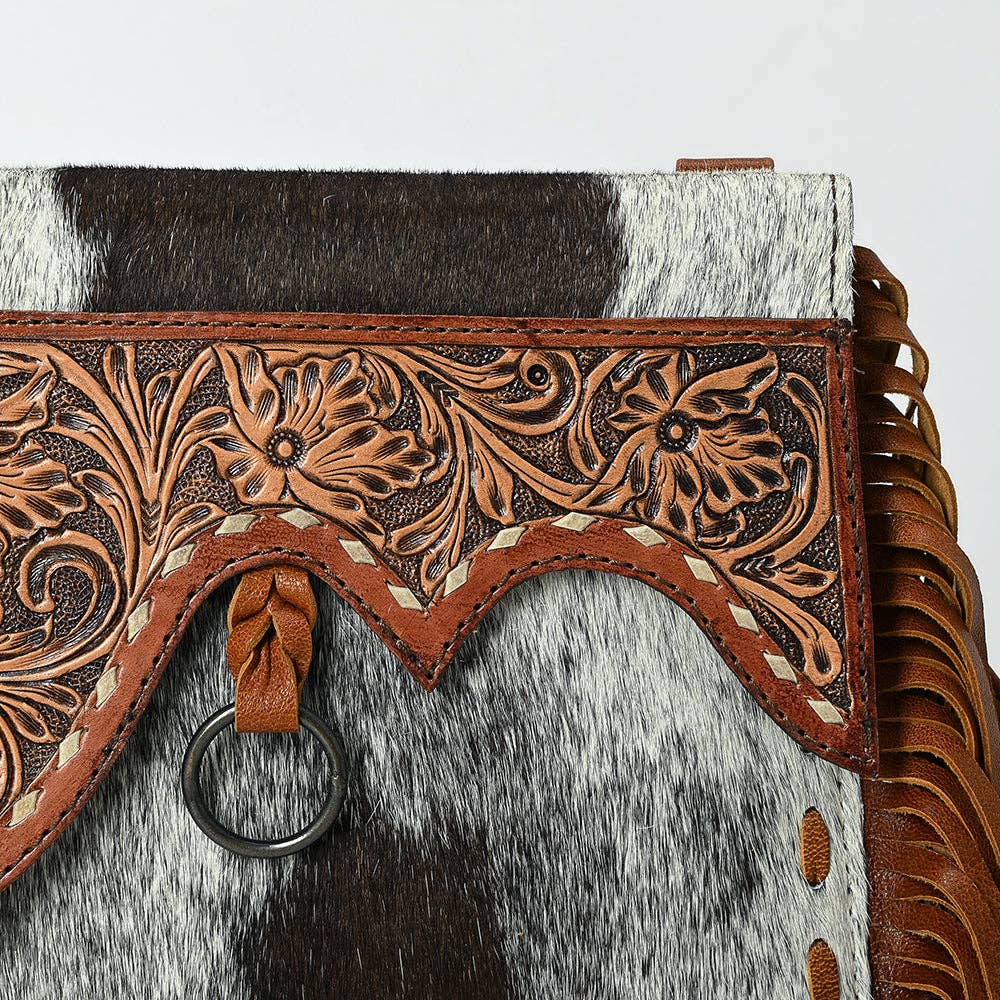 ADBG1589 American Darling Hair-On Cowhide Western Leather Wristlet Bag with Tooled Floral Detailing & Fringe