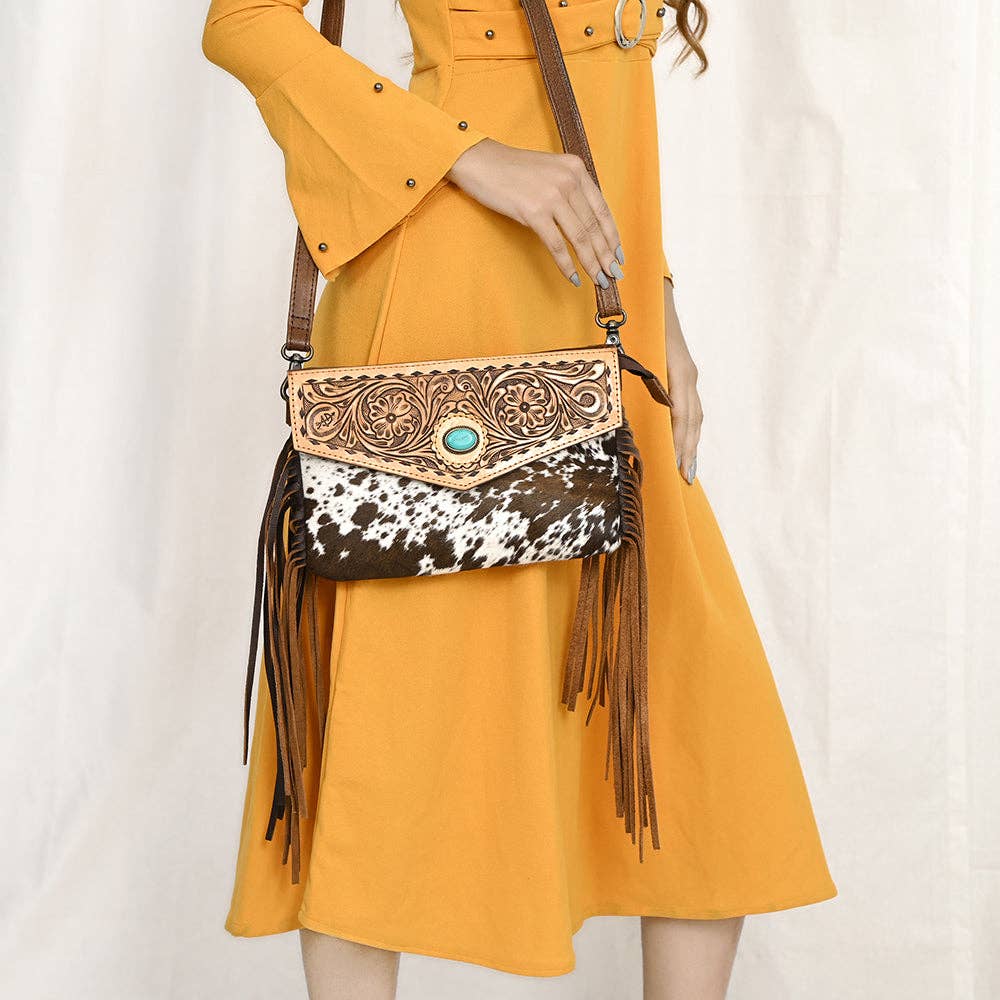 ADBG1484 American Darling Cowhide Hand-Tooled Envelop Bag | Fringe Crossbody Purse
