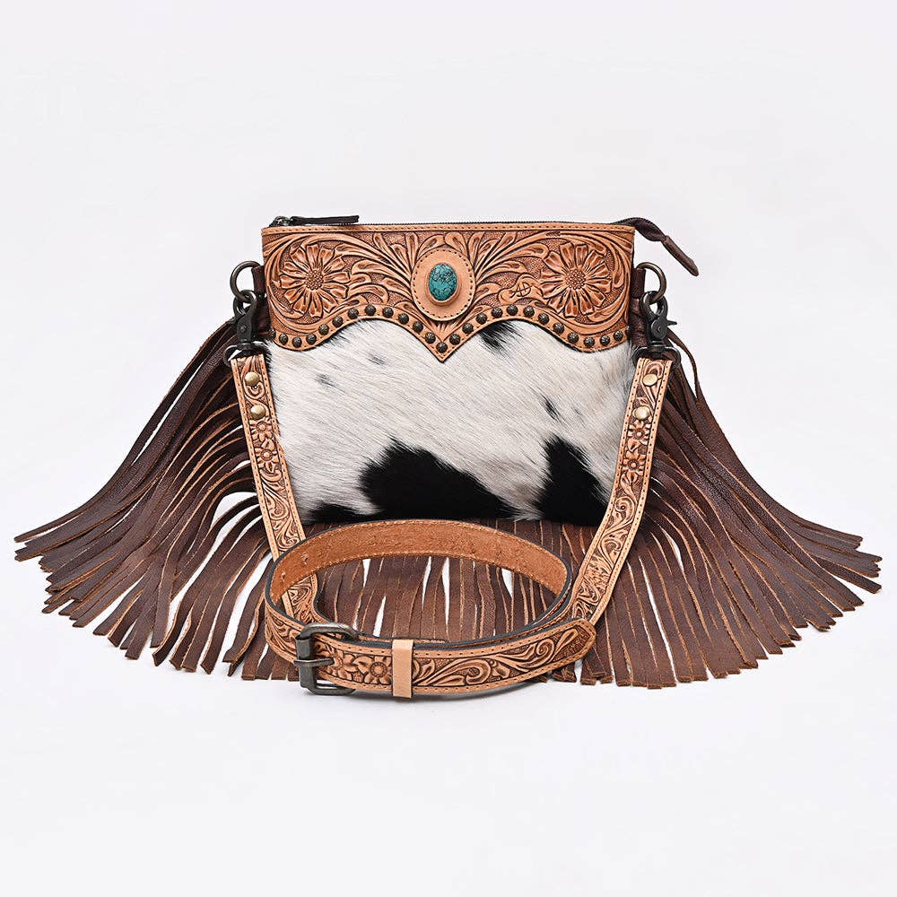 ADBG1829 American Darling Hand Tooled Floral & Cowhide Cross body Bag with Western Fringes