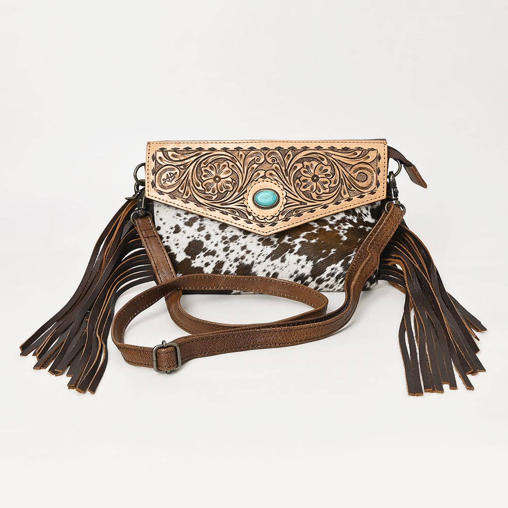 ADBG1484 American Darling Cowhide Hand-Tooled Envelop Bag | Fringe Crossbody Purse